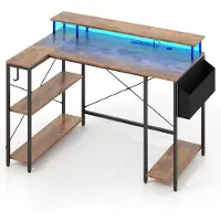 Costway L-vormig bureau met stopcontacten en ledverlichting, 120 cm hoekbureau met monitorstandaard, planken en opbergtas, hoektafel, gaming computertafel (rustiek bruin)