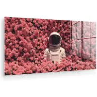 MuchoWow Glasschilderij 160x80 cm - Schilderij acrylglas - Bloemen - Roze - Astronaut - Foto op glas - Muurdecoratie woonkamer - Wanddecoratie slaapkamer - Schilderijen
