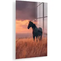MuchoWow Glasschilderij 60x90 cm - Schilderij acrylglas - Paard - Wolken - Open veld - Foto op glas - Muurdecoratie woonkamer - Wanddecoratie slaapkamer - Schilderijen