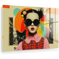MuchoWow Glasschilderij 180x120 cm - Schilderij acrylglas - Meisje - Zonnebril - Kat - Retro - Foto op glas - Muurdecoratie woonkamer - Wanddecoratie slaapkamer - Schilderijen