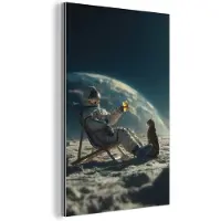 MuchoWow Aluminium schilderij 100x150 cm - Wanddecoratie metaal - Astronaut - Kat - Glas - Stoel - Metalen muurdecoratie woonkamer - Decoratie industrieel - Foto op dibond - Industriële accessoires slaapkamer