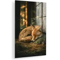 MuchoWow Glasschilderij 60x90 cm - Schilderij acrylglas - Vos - Bos - Slapen - Foto op glas - Muurdecoratie woonkamer - Wanddecoratie slaapkamer - Schilderijen