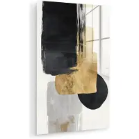 MuchoWow Glasschilderij 60x90 cm - Schilderij acrylglas - Goud - Rechthoeken - Cirkels - Abstract - Foto op glas - Muurdecoratie woonkamer - Wanddecoratie slaapkamer - Schilderijen