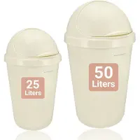 Discountershop Prullenbak Crème Set – 50L en 25L – Kunststof Flip Prullenbak – Afvalbak met Klepdeksel – Keuken en Badkamer Vuilnisbak – Grote en Kleine Huishoudelijke Afvalemmer – Prullenbakken voor Kantoor