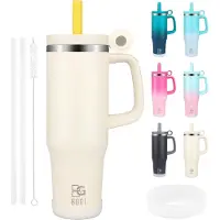 BOGI Thermobeker met rietje en handvat, 1200 ml, koffiebeker voor onderweg met deksel, roestvrijstalen isolatiebeker met handvat, lekvrij, tuimelbeker, draagbare autobeker, tumbler beker, reisbeker