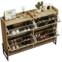 Merax Smalle Schoenenkast 118x25x91.5 cm - Schoenenrek met 4 Kleppen - Houten Schoenenkast met Rattan Deuren - Luchtcirculatie en Veilig Ontwerp - Natuurkleur