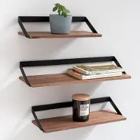 Finn Wandplanken -- | Set van 3 Zwevende Planken Gemaakt van Metaal en Echt Houtfineer | Wanddecoratie, Opslag en Plank voor Woonkamer, Keuken, Slaapkamer | Walnoot
