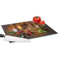 KitchenYeah Glazen Snijplank - 39x28 - Lepels - Kruiden - Chilipeper - Specerijen - Snijplanken Glas