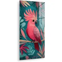 MuchoWow Glasschilderij 80x160 cm - Schilderij acrylglas - Kaketoe - Tropische bladeren - Tak - Foto op glas - Muurdecoratie woonkamer - Wanddecoratie slaapkamer - Schilderijen