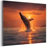 MuchoWow Aluminium schilderij 40x30 cm - Wanddecoratie metaal - Walvis - Zon - Zee - Metalen muurdecoratie woonkamer - Decoratie industrieel - Foto op dibond - Industriële accessoires slaapkamer