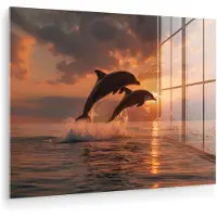 MuchoWow Glasschilderij 120x90 cm - Schilderij acrylglas - Dolfijnen - Zee - Realistisch - Foto op glas - Muurdecoratie woonkamer - Wanddecoratie slaapkamer - Schilderijen