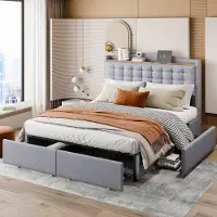 SINGULARITY -Gestoffeerd bed 140x200 cm- nachtkastje met USB-oplaadpoort en opbergruimte- tweepersoonsbed met 4 lades- linnen stof grijs- zonder matras