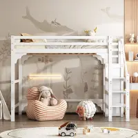 Merax Hoogslaper 140x200 cm - met bedbodem - met ladder - met kledingkast - met opbergruimte - wit - zonder matras