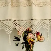Famanu kwastjes bistrogordijn keuken vitrage landelijke stijl vintage beige korte gordijnen cafe katoen en linnen kort gordijn landhuisstijl, 1 stuk, H 25 x B 120 cm