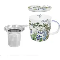 Ppd - mok - theezeef - onderzetter - 3-delig - porselein - RVS - Donatella - bloemen - blauwe zomerbloemen
