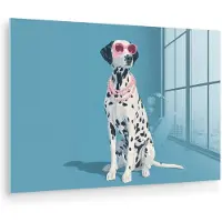 MuchoWow Glasschilderij 90x60 cm - Schilderij acrylglas - Dalmatiër - Zonnebril - Blauw - Foto op glas - Muurdecoratie woonkamer - Wanddecoratie slaapkamer - Schilderijen