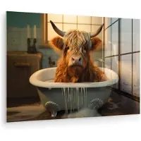 MuchoWow Glasschilderij 30x20 cm - Schilderij acrylglas - Schotse hooglander - Bad - Badkamer - Foto op glas - Muurdecoratie woonkamer - Wanddecoratie slaapkamer - Schilderijen