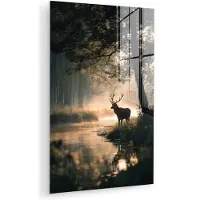 MuchoWow Glasschilderij 40x60 cm - Schilderij acrylglas - Hert - Bosbeek - Mystiek - Foto op glas - Muurdecoratie woonkamer - Wanddecoratie slaapkamer - Schilderijen