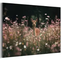 MuchoWow Aluminium schilderij 180x120 cm - Wanddecoratie metaal - Hert - Wilde bloemen - Bos - Metalen muurdecoratie woonkamer - Decoratie industrieel - Foto op dibond - Industriële accessoires slaapkamer