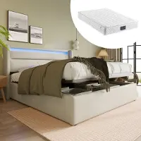 SINGULARITY -Hydraulisch opbergbed met LED- tweepersoonsbedframe gestoffeerd bed 140x200cm- wit met matras