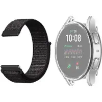 Strap-it Nylon band Zwart + TPU Case Transparant - Geschikt voor Samsung Galaxy Watch 7 44mm - Bescherming hoesje voor Galaxy Watch 7 44mm smartwatch - Zachte nylon band zwart + TPU Case Transparant