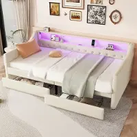 Merax 90 x 200 cm slaapbank - met LED-verlichting - met twee lades - USB-oplaadpoort - beige - zonder matras