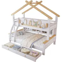Merax Stapelbed voor Kinderen - Twee Laden op Wielen - Decoratief Dakontwerp - Viertraps Schuine Trap - Hout + MDF - Wit + Naturel - 90x200cm & 120x200cm