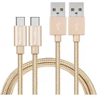 Phonillico 2x USB C naar USB A Nylon Gevlochten Kabel Goud - 1 meter - Oplaadkabel voor Samsung Galaxy M56 5G / M55 5G / M33 5G / M23 5G / M15 5G / M14 5G / F56 5G / F55 5G / F23 / F16 5G / F15 5G / C55 5G
