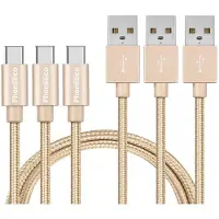 Phonillico 3x USB C naar USB A Nylon Gevlochten Kabel Goud - 1 meter - Oplaadkabel voor Xiaomi Poco M7 Pro 5G / Poco F7 Ultra 5G / Poco F7 Pro 5G / Poco F6 Pro 5G / Poco F6 5G / C75 / C65 / X7 Pro 5G