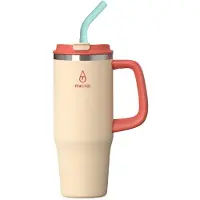 Motivai StrawUp RVS Drinkbeker met Rietje en Handvat – 950ML – 100% Lekvrij & Dubbelwandig – Thermosbeker To Go – Crème