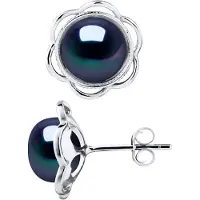 Diadema Stud Oorbellen FLOWER Beads Freshwater 89mm Zwarte Knopen 925