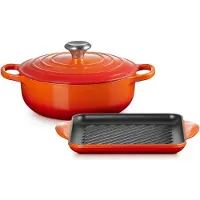 Le Creuset Lage Braadpan 24cm & Grillplaat 24cm Signature Oranjerood