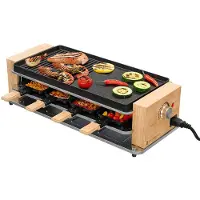 Kitchenbrothers Gourmetstel - 950W - Gourmetplaat 8 Personen - Set met Pannetjes en Spatels - 46,5 x 23 cm - Hout/Zwart