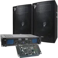 Skytec DJ set. Luidspreker, versterker en mengpaneel combinatie 700W