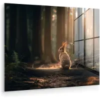 MuchoWow Glasschilderij 120x90 cm - Schilderij acrylglas - Konijn - Bos - Zonnestralen - Foto op glas - Muurdecoratie woonkamer - Wanddecoratie slaapkamer - Schilderijen