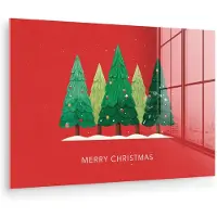 MuchoWow Glasschilderij 60x40 cm - Schilderij acrylglas - Minimalistisch - Kerstbomen - Rood - Sneeuw - Foto op glas - Muurdecoratie woonkamer - Wanddecoratie slaapkamer - Schilderijen