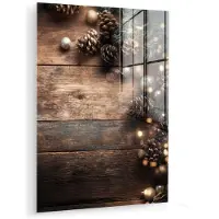 MuchoWow Glasschilderij 90x120 cm - Schilderij acrylglas - Kersthoekdecoratie - Dennenappels - Lichtjes - Foto op glas - Muurdecoratie woonkamer - Wanddecoratie slaapkamer - Schilderijen