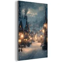 MuchoWow Aluminium schilderij 80x120 cm - Wanddecoratie metaal - Winterdorp - Sneeuw - Donker - Metalen muurdecoratie woonkamer - Decoratie industrieel - Foto op dibond - Industriële accessoires slaapkamer