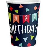 Amscan Set 8 kartonnen verjaardags FSC bekers 250ml "Happy Birthday", navy blauw met confetti