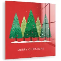 MuchoWow Glasschilderij 20x20 cm - Schilderij acrylglas - Minimalistisch - Kerstbomen - Rood - Sneeuw - Foto op glas - Muurdecoratie woonkamer - Wanddecoratie slaapkamer - Schilderijen