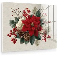MuchoWow Glasschilderij 80x60 cm - Schilderij acrylglas - Kerststuk - Poinsettia - Dennenappels - Rood - Foto op glas - Muurdecoratie woonkamer - Wanddecoratie slaapkamer - Schilderijen