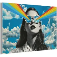 MuchoWow Aluminium schilderij 30x20 cm - Wanddecoratie metaal - Vrouw - Bril - Regenboog - Wolken - Metalen muurdecoratie woonkamer - Decoratie industrieel - Foto op dibond - Industriële accessoires slaapkamer