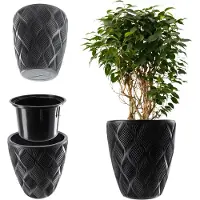 Kadax Bloempot met inzetstuk en handgrepen, plantenbak van kunststof in 5 maten, uv-bestendig, weerbestendig, hoog, met 3D-effect, antraciet, laag