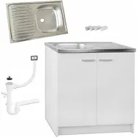 Stamar - Keukenkast Set 80cm Staand + Spoelbak + Afvoer + Bevestigingen - Wit