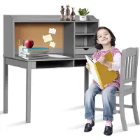 Costway Kinderbureauset met prikbord, bureau voor kinderen met stoel, jeugdbureau met opzetstuk, laden en verstelbaar rek, houten studentenbureau voor kinderkamer (grijs)