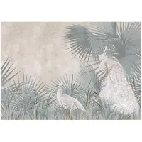 WALLARENA - Fotobehang - 400x280 cm - Fototapete met pauwenbladeren op beton en vogels voor slaapkamer en salon