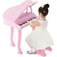 Costway Toetsenbord voor kinderen, met 37 toetsen en kruk, elektronisch pianotoetsenbord, draagbaar met microfoon, led-leer-modus, opname- en afspeelfunctie, muziekinstrument voor kinderen vanaf 3