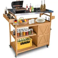 Coemo JAMES houten serveerwagen, keukeneilandwagen met vergrendelbare wielen, roestvrijstalen tafelblad, ook ideaal voor tuin, terras en barbecues 118 x 47 x 92 cm, Bruin