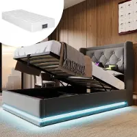 SINGULARITY -Gestoffeerd tweepersoonsbed 90 x 200 cm- grijs- hydraulisch opbergbed- hoofdbord met USB Type-C- 3-zijdige LED- met matras