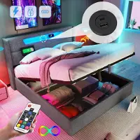 SINGULARITY -Gestoffeerd bed LED tweepersoonsbed met USB Type C en LED- opbergbedden bedframe van linnen materiaal jeugdbed 160x200 Zonder matras